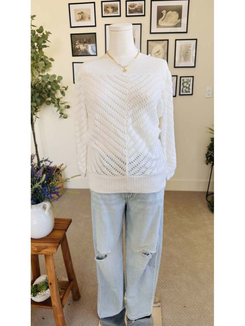 White House Black Market Ivory Open-Knit Sweater Size L